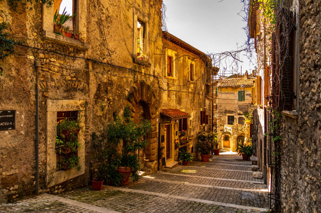 Narrow sunlit cobblestone street in a stone village, with potted plants along the walls.