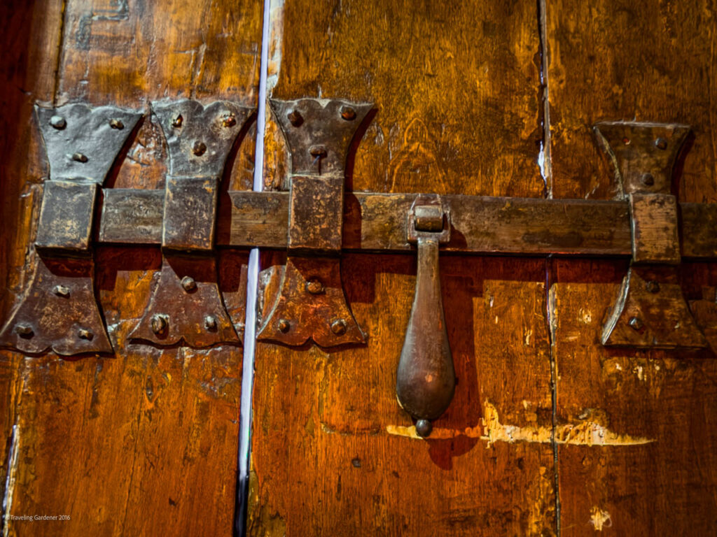 Close-up of a weathered wooden door with large rusty iron strap hinges and a central metal latch handle.