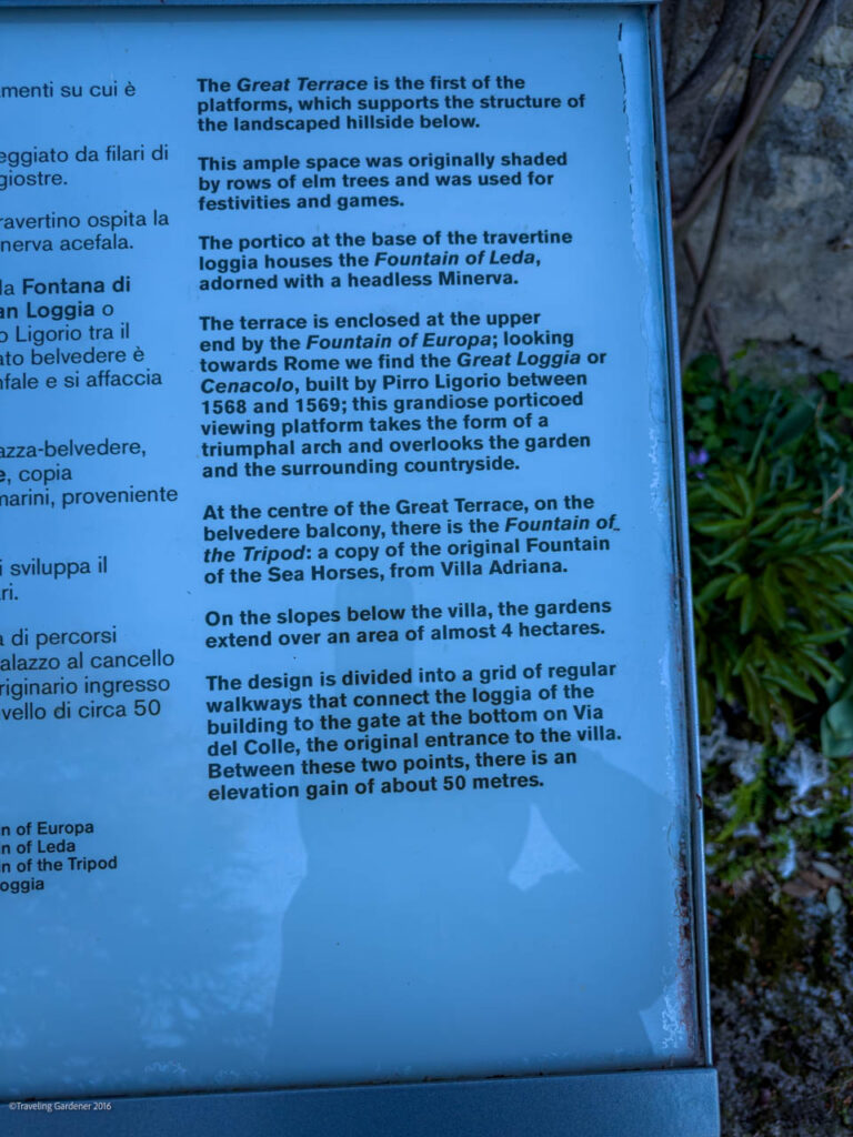 Outdoor blue information panel describing the Great Terrace, Fountain of Leda, and surrounding garden features.