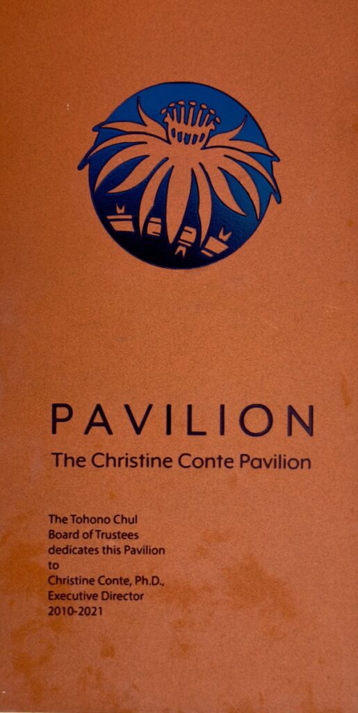 Logo on orange brochure cover: blue circle with palm tree, then the word 'PAVILION' and 'The Christine Conte Pavilion' text on an orange background